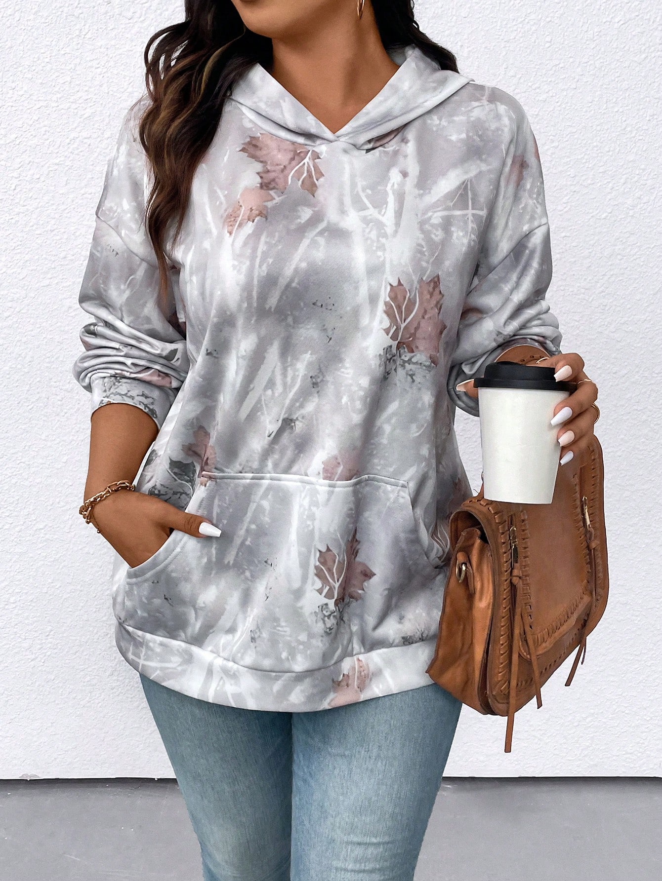 Women'S Fashion Hoodie - Women's Plus Size Leaf Print Hoodie,