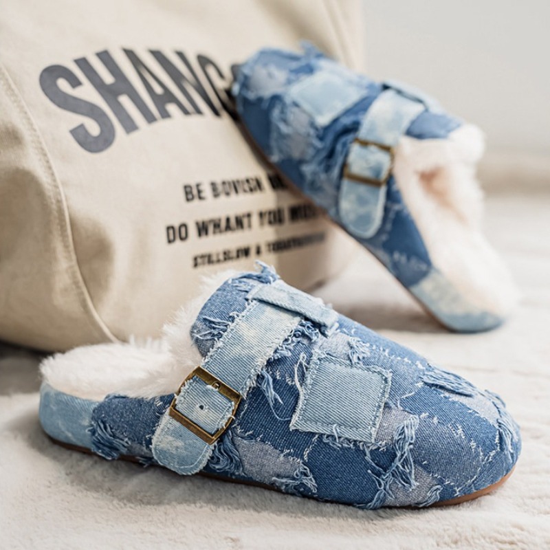 Women Fashion Jeans - Fringe Tassel Denim Fleece Flats Shoes