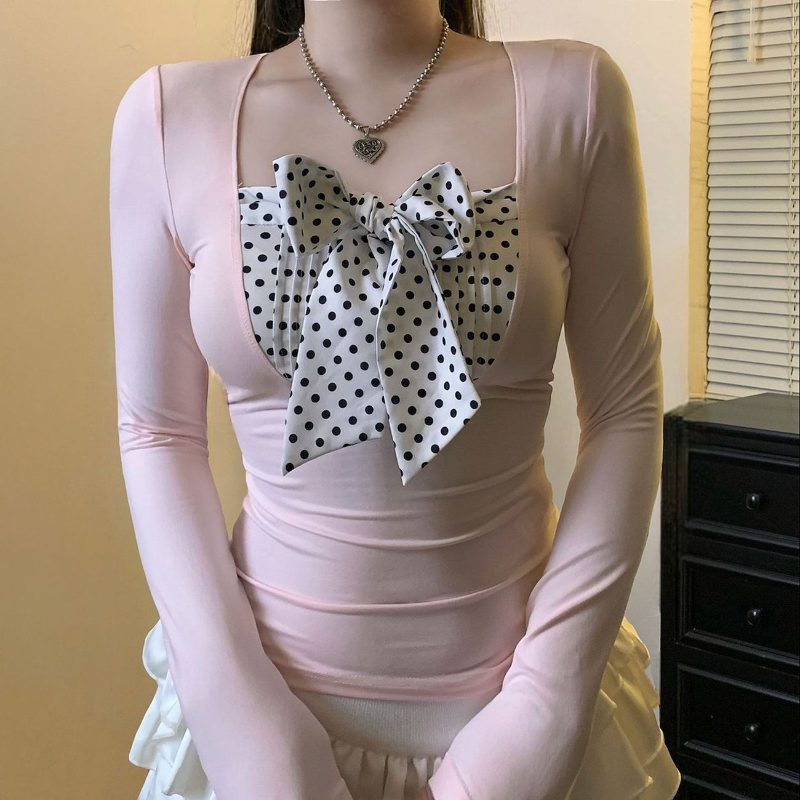 Sweet Girl Bow Polka Dot Splic - Women Fashion Korean recension och pris
