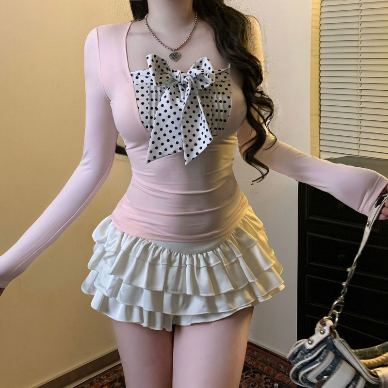 Sweet Girl Bow Polka Dot Splic - Women Fashion Korean recension och pris