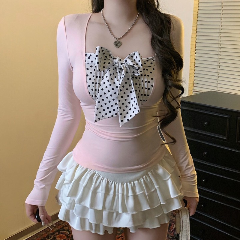 Sweet Girl Bow Polka Dot Splic - Women Fashion Korean recension och pris