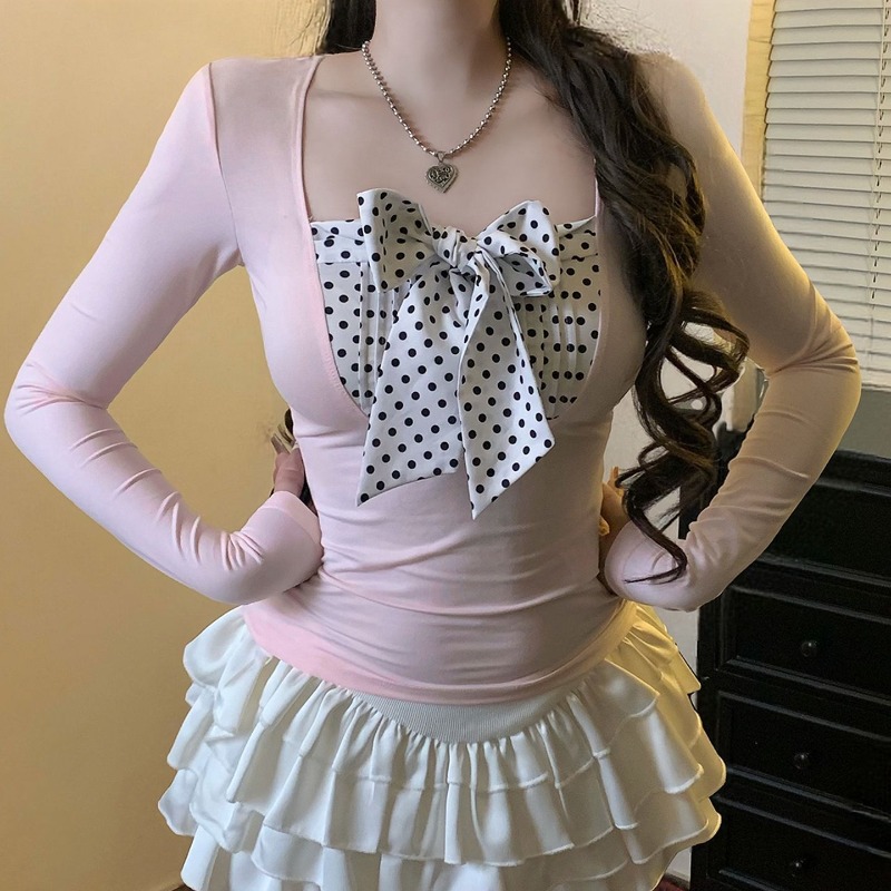 Sweet Girl Bow Polka Dot Splic - Women Fashion Korean recension och pris